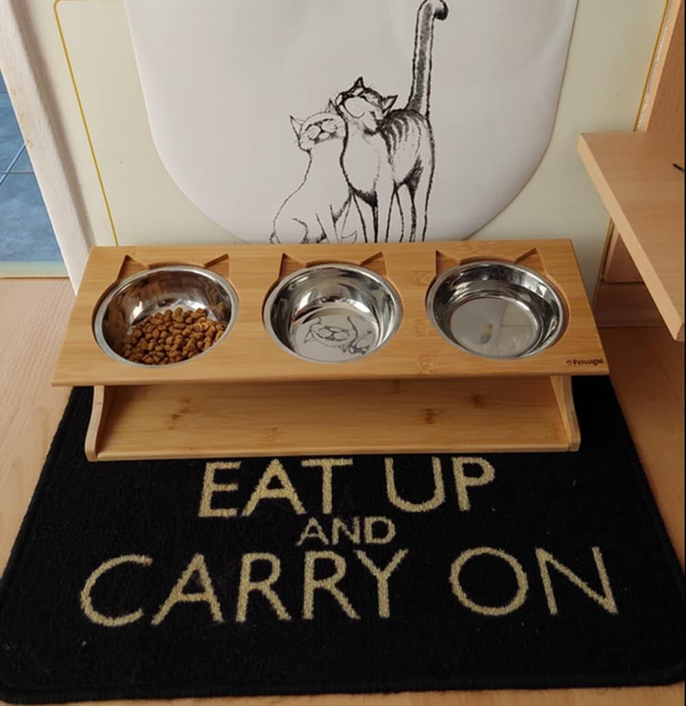 Cute Cat Bowls With Raised Slope, Wooden Stand, And Elevated Bowls For Cats, Dogs, Kittens and Puppy's (3 Steel Bowls Included)