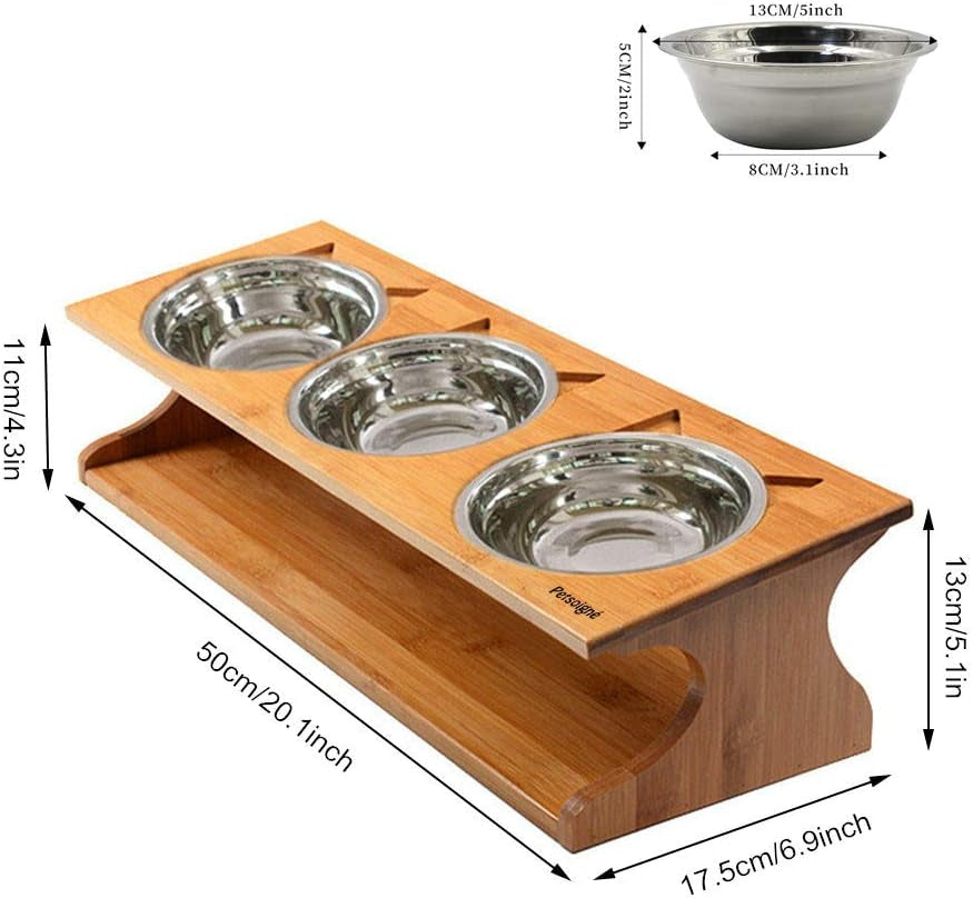 Cute Cat Bowls With Raised Slope, Wooden Stand, And Elevated Bowls For Cats, Dogs, Kittens and Puppy's (3 Steel Bowls Included)