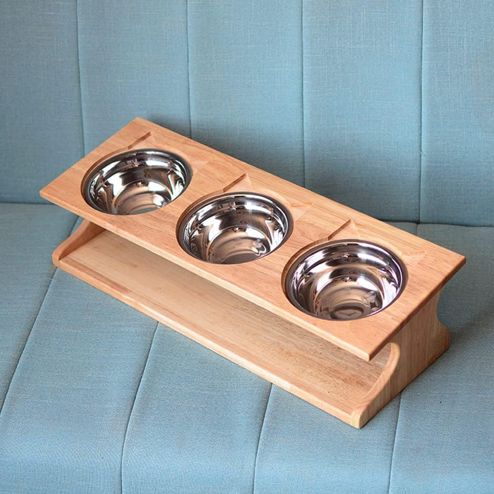 Cute Cat Bowls With Raised Slope, Wooden Stand, And Elevated Bowls For Cats, Dogs, Kittens and Puppy's (3 Steel Bowls Included)