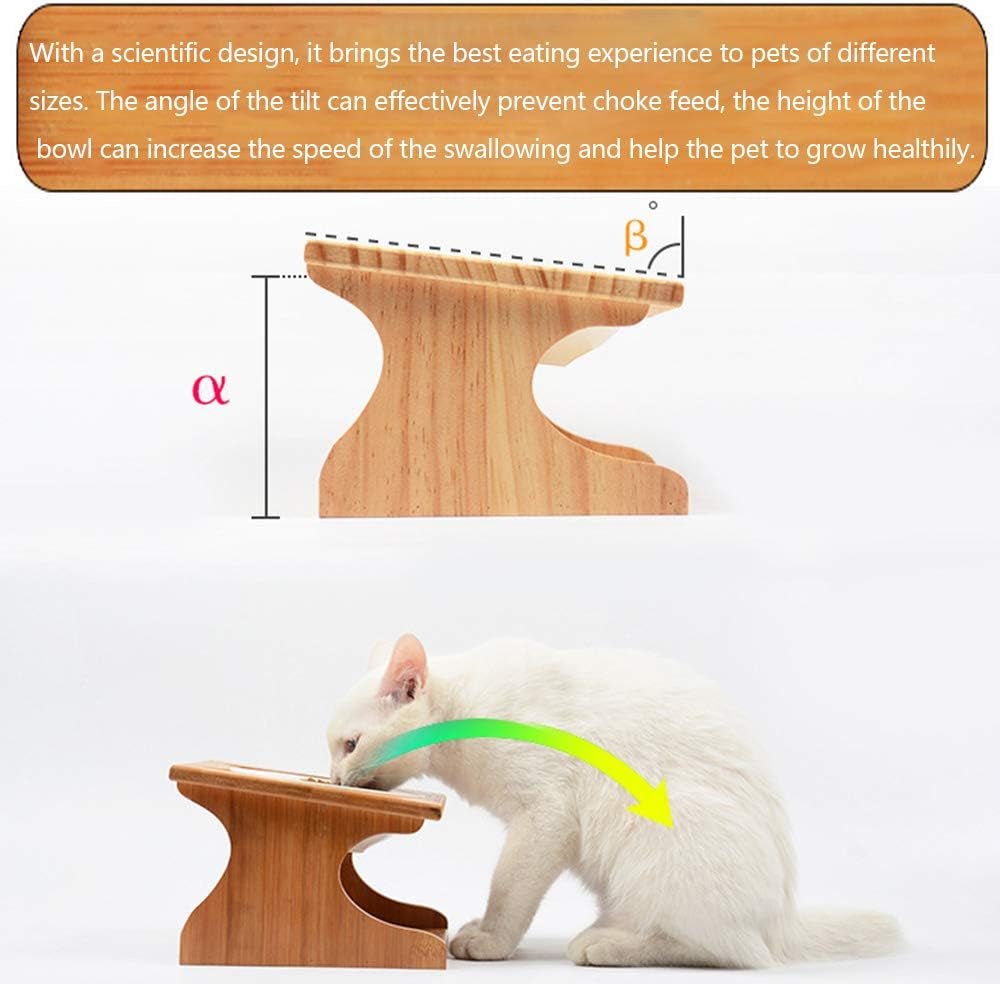 Cute Cat Bowls With Raised Slope, Wooden Stand, And Elevated Bowls For Cats, Dogs, Kittens and Puppy's (3 Steel Bowls Included)