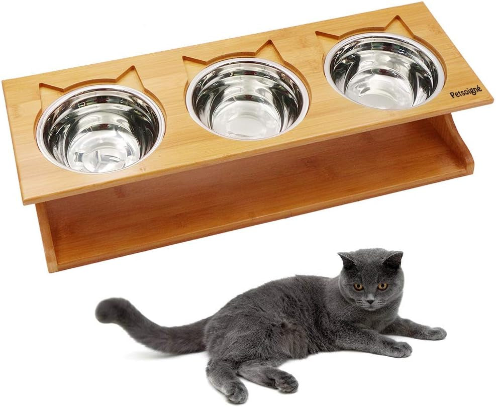 Cute Cat Bowls With Raised Slope, Wooden Stand, And Elevated Bowls For Cats, Dogs, Kittens and Puppy's (3 Steel Bowls Included)