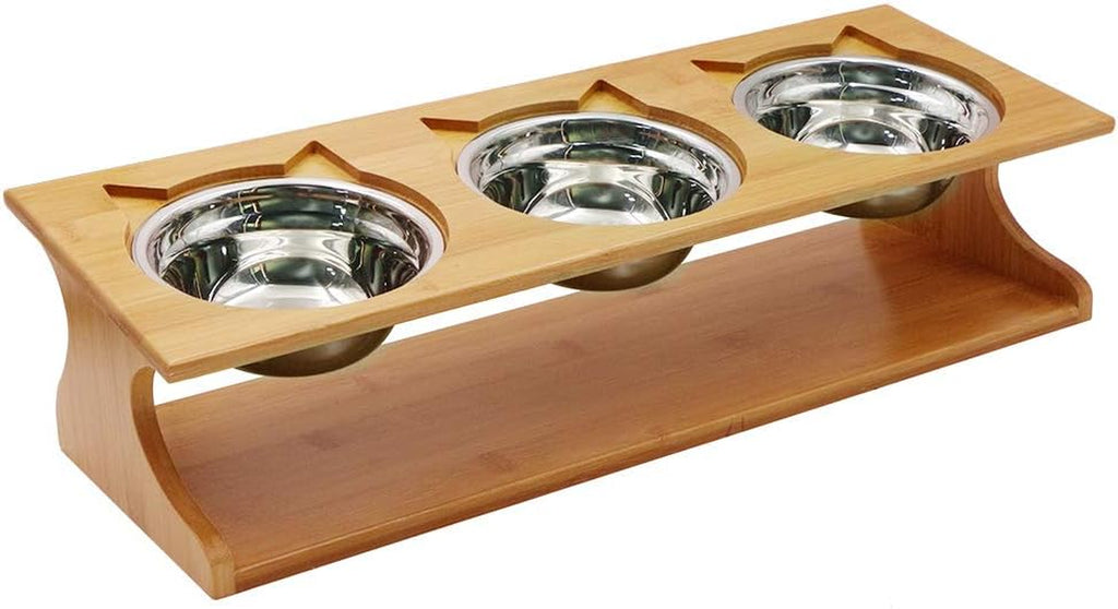 Cute Cat Bowls With Raised Slope, Wooden Stand, And Elevated Bowls For Cats, Dogs, Kittens and Puppy's (3 Steel Bowls Included)