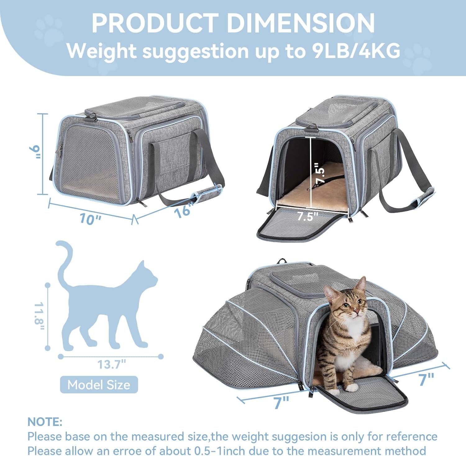 Expandable Cat/Dog Carrier! Airline Approved! With Two Extension up to 9LB! Soft-Sided, Portable, Washable, Pet Travel Carrier!