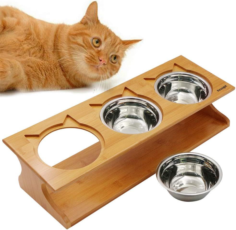 Cute Cat Bowls With Raised Slope, Wooden Stand, And Elevated Bowls For Cats, Dogs, Kittens and Puppy's (3 Steel Bowls Included)
